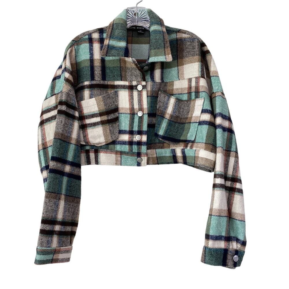 HYFVE Size Medium Cropped Plaid Flannel Shacket Jacket Teal Tan Back Buttons - Picture 3 of 14